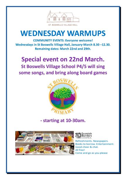 22nd March, Wednesday Warmup, St Boswells Primary School visit